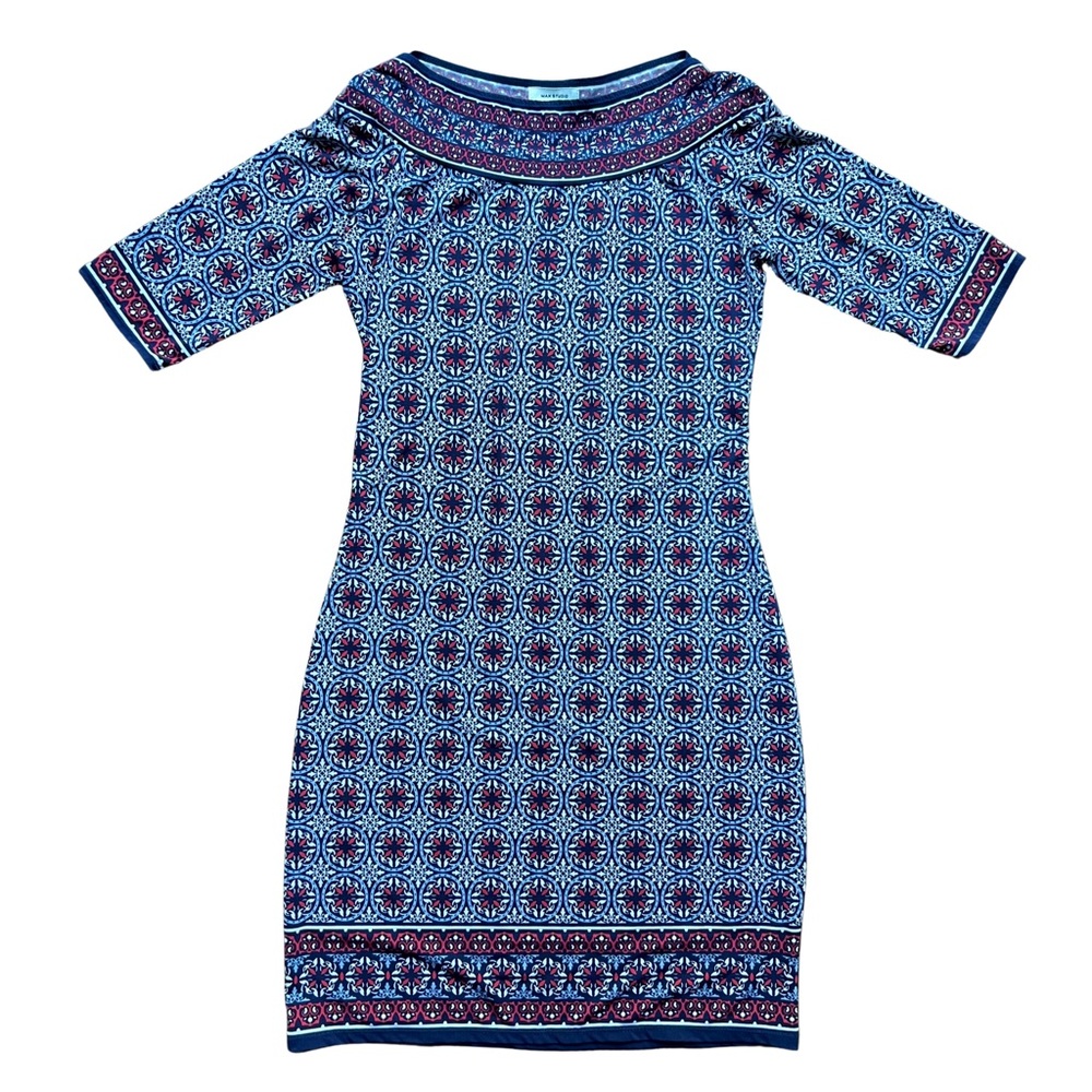 Max Studio women’s dress 3/4 sleeve boat neck blue/red geometric print size xs